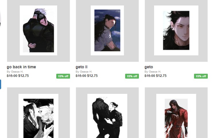 the image shows a set of six anime prints for sale. the prints feature characters from the popular anime "jujutsu kaisen" and are arranged in a grid of two rows and three columns. the prints are all framed and have a white background. the top row includes "go back in time," "geto ii," and "geto." the bottom row includes a print of two characters, a print of a single character in black and white, and a print of a single character in color. each print is labeled with the character's name and a price. the prints are all discounted by 15%.