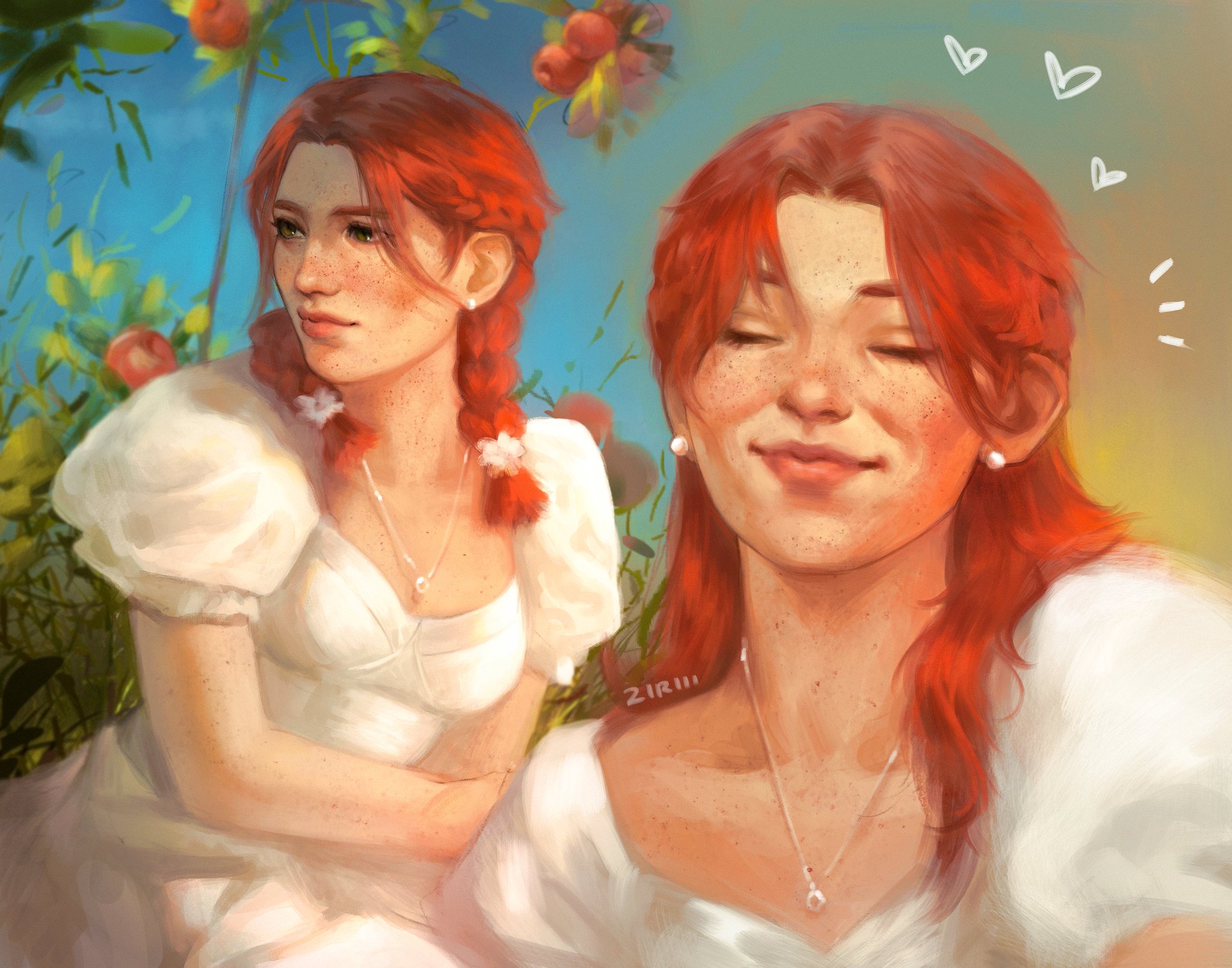 the image is a digital painting depicting two young women with vibrant red hair.  they are very similar in appearance, both having freckles and wearing white dresses. one woman has her hair in two braids, while the other's hair is loose. they are positioned side by side, appearing almost as if they are reflections or different moments of the same person. the background suggests a sunny apple orchard.  the style is soft, romantic, and slightly dreamy, with hearts floating in the background adding to the romantic and whimsical feel. the overall mood is peaceful and happy.