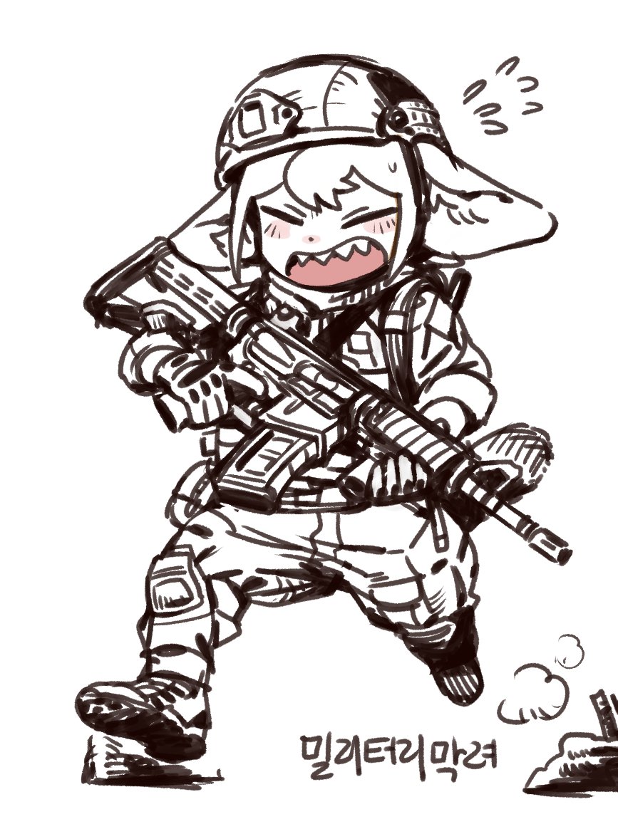 a cartoon drawing of a cute anime girl with a helmet, holding a rifle. she is wearing a military uniform and is in a fighting pose, her mouth is open in a scream or shout. she is drawn in a cute style with large eyes and a small body. she is running and holding a gun, with the text "밀리터리마리" underneath her. this image could be interpreted as a stylized illustration of a soldier, with a focus on the cuteness and the whimsicalness of the cartoon style.
