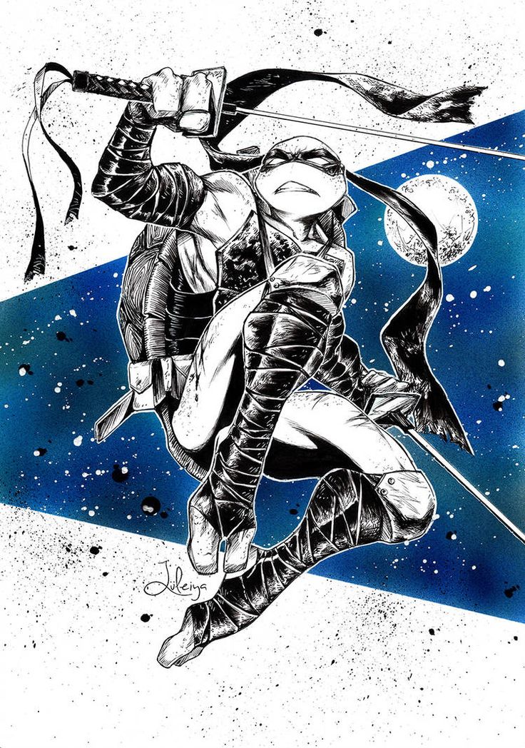 a black and white illustration of a ninja turtle wielding a katana against a blue starry night sky. he is in the air, midattack, with his mask and headband, and his right foot is pointed towards the ground while his left leg is outstretched. the ninja is depicted in a dynamic pose with his weapon extended, and the stars and moon add to the dramatic effect. the illustration has a black and white, almost manga style.