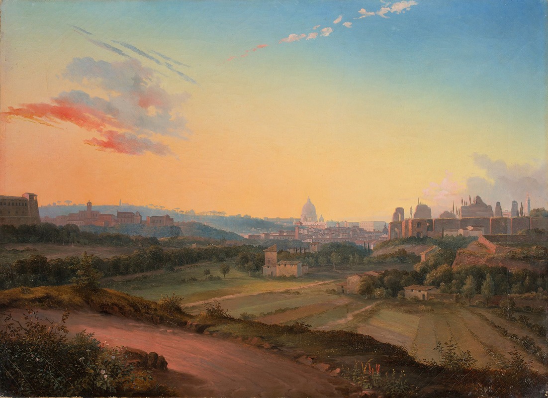 the image is a painting depicting a landscape view of rome at sunset. the sky transitions from blue to a warm orange glow, with clouds visible. in the distance, the dome of st. peter's basilica rises above the city's buildings. various trees and fields are scattered throughout the landscape, and a road leads into the scene. there are also some ancient ruins and other architectural structures visible in the distance.