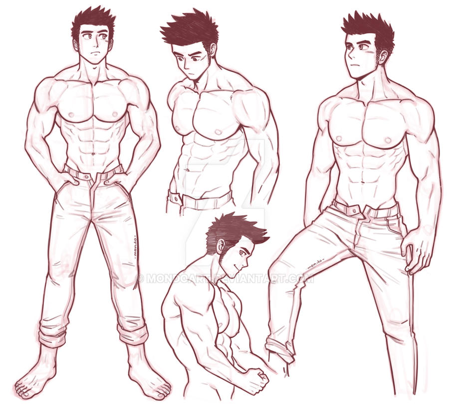 this digital art illustration shows a man's body in various poses, focusing on the muscles and anatomy. the line art style is simple and clean, creating a minimalist aesthetic.  the man is depicted in front view, side view, and back view, revealing his muscular physique. his clothes consist of jeans that are rolled up at the bottom, accentuating his muscular legs.