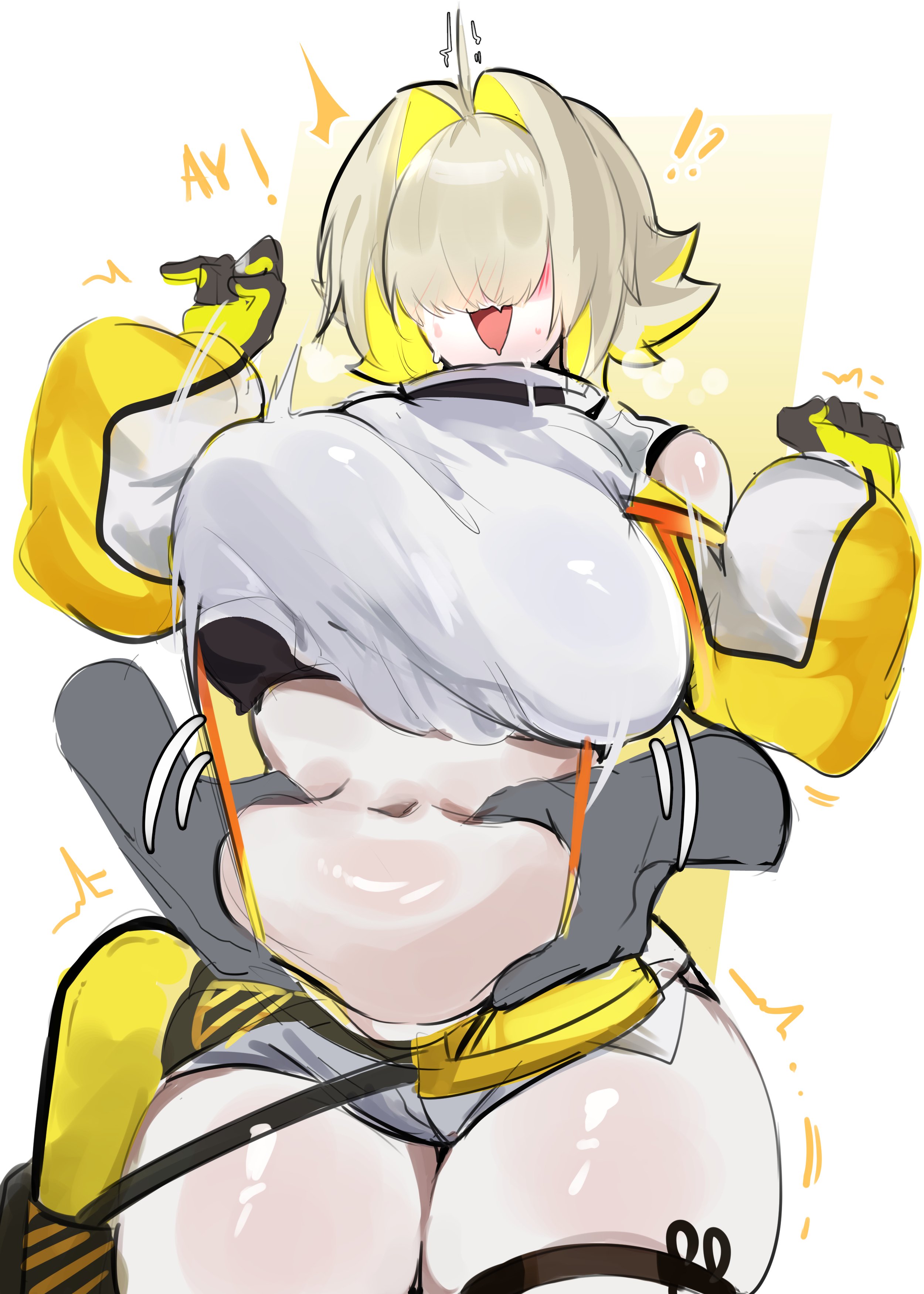 this is a digital illustration of a young anime girl with blonde hair. she is wearing a yellow and white outfit. her arms are raised above her head and she is smiling with her mouth open. the girl is drawn in a playful and cute style and her expression is cheerful and bubbly. the background is a simple yellow and white. the overall image is bright and colorful.
