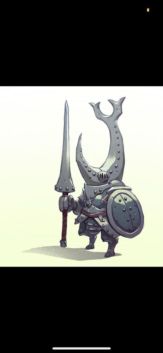a small, stylized knight stands at attention, gripping a spear in its right hand and a shield in its left. the knight's armor is sleek and metallic, with a crescent moonshaped helmet. the background is a plain offwhite color, drawing attention to the character.