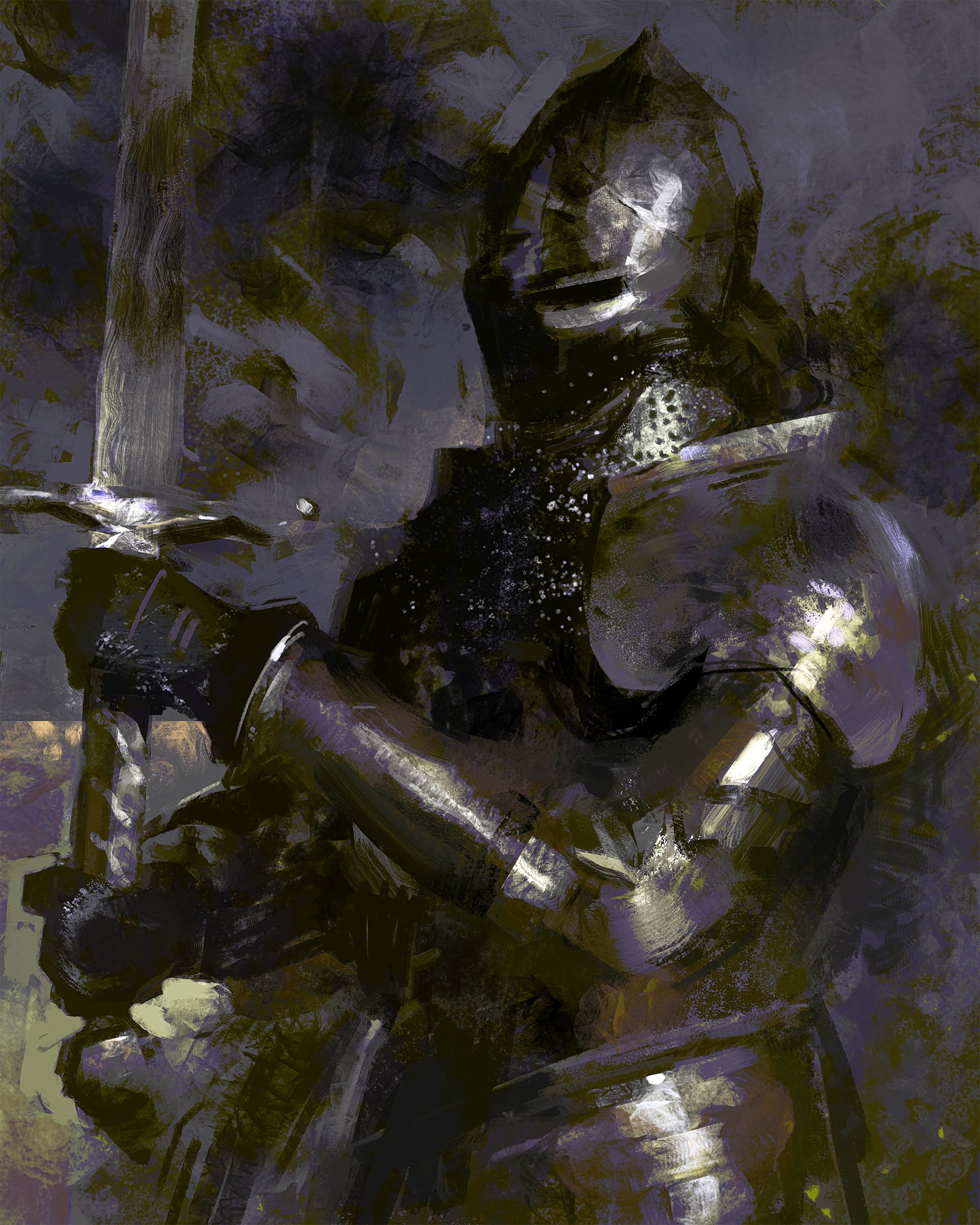 a knight in full plate armor stands in the dark with his sword raised. the knight's face is obscured by his helmet and the dark background, but his armor is visible in great detail.  the knight's sword is a long, sharp blade with a hilt that is richly ornamented.  the knight appears to be ready for battle, perhaps in the midst of a fight, or preparing to fight.