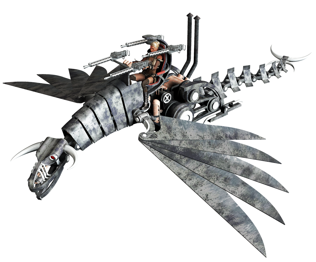 a steampunk mechanical dragon with a female pilot. the dragon is metallic gray, with rivets and gears, and has wings made of multiple flat blades. the head features horns and a menacing red eye. the woman is seated in the center, surrounded by multiple guns. there are tubes and pipes connected to the dragon's body.