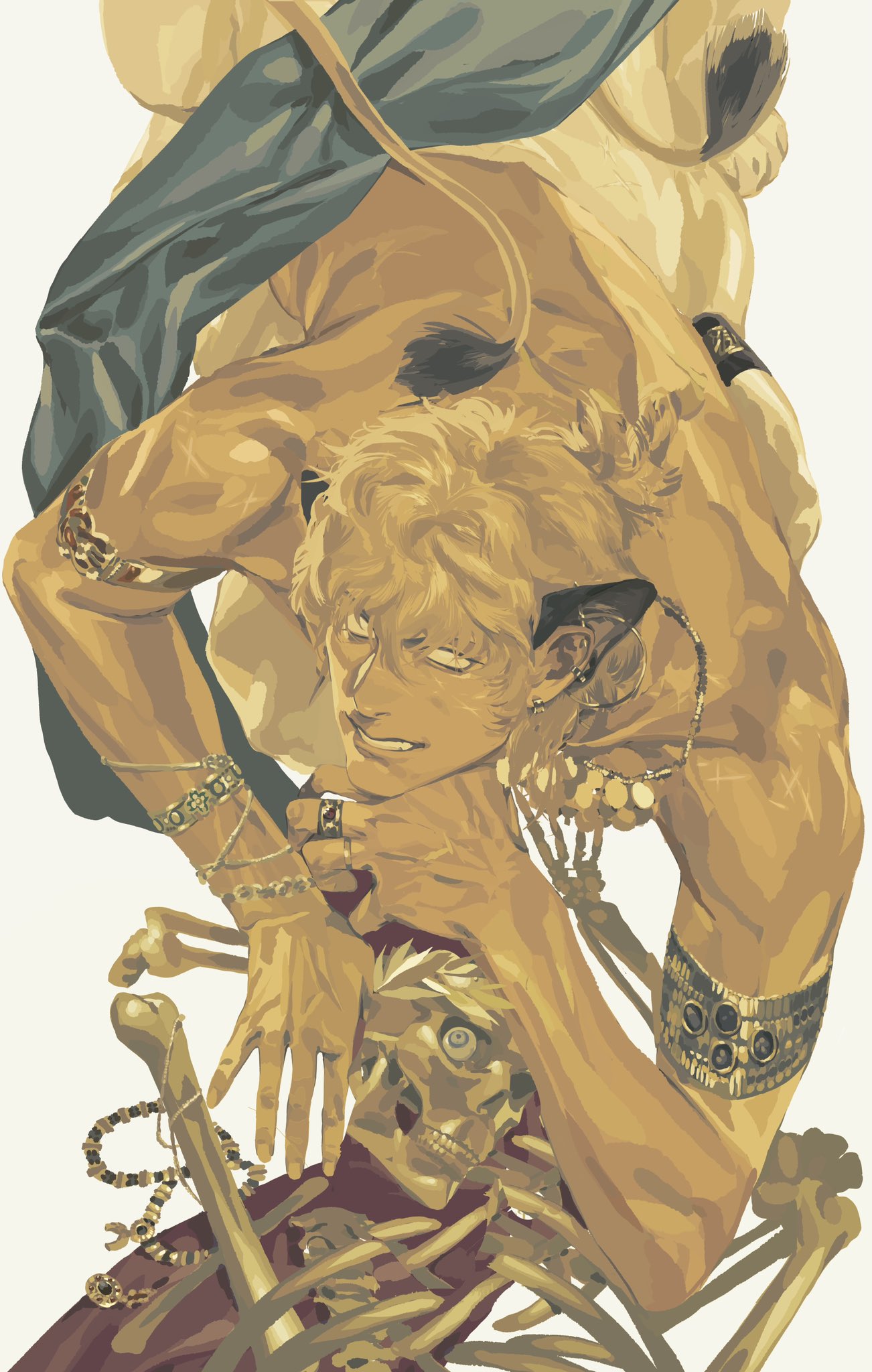 an artistic rendering featuring a male figure rendered in golden tones intertwined with a skeleton and bones, set against an offwhite background. the male figure, possibly a dark elf, is adorned with various pieces of jewelry including bracelets, rings, and an arm cuff. he is positioned amidst a pile of bones and a skeleton head, which also bears a golden hue. the pose is dramatic, with the male figure appearing to be either embracing or entangled with the skeletal remains. a darkcolored fabric drapes over the scene, adding to the classical or mythical theme.