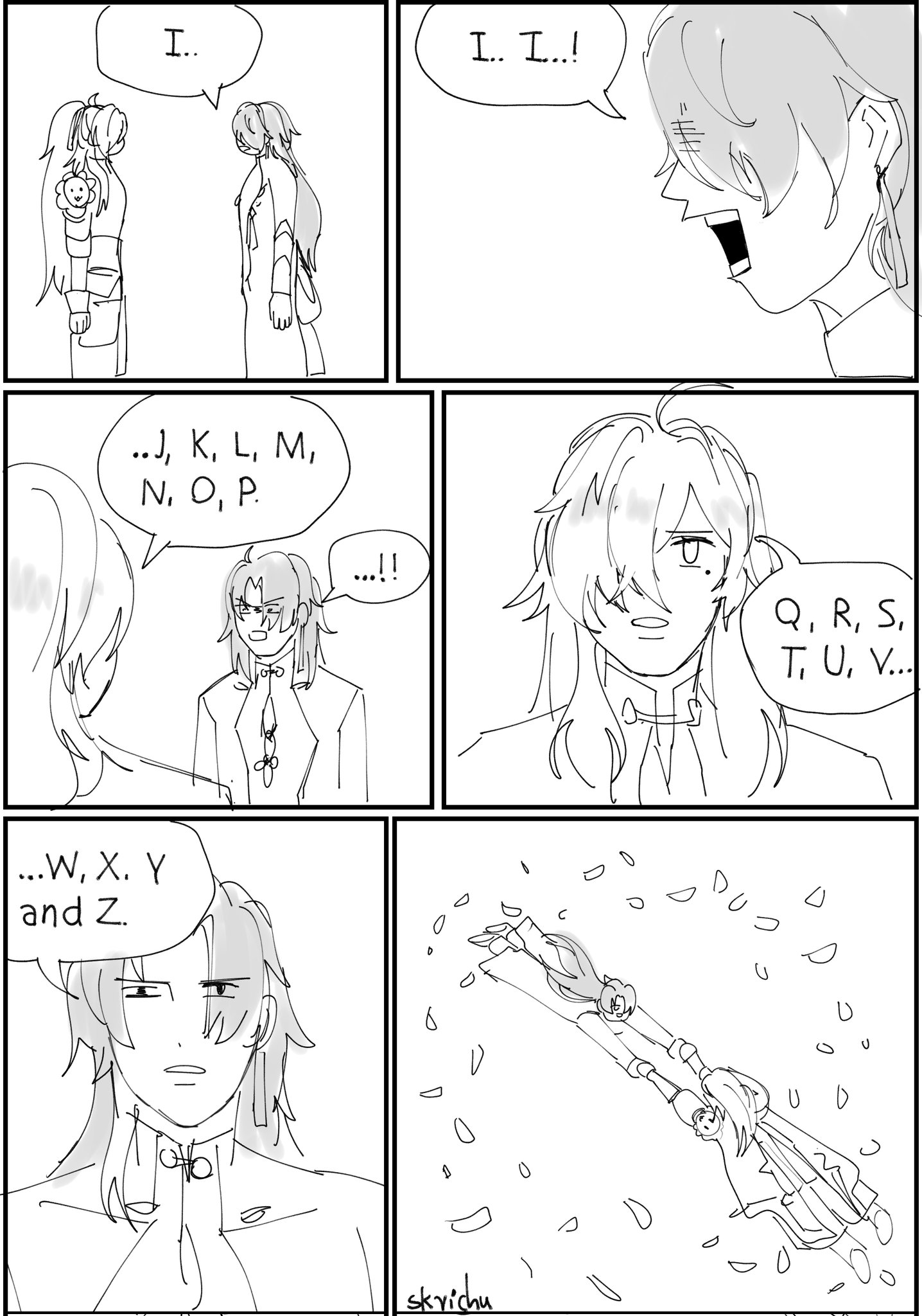 this is a black and white manga style comic. it consists of five panels depicting a conversation and action scene. the first three panels show two characters talking about letters of the alphabet in sequence. in the third panel the characters are in a shocked surprised expression. the fourth panel continues the sequence of the alphabet, showing the characters in a more surprised expression, and the last panel shows a girl and a boy falling/floating, seemingly magical, in a circular motion. the comic uses black outlines and a white background.