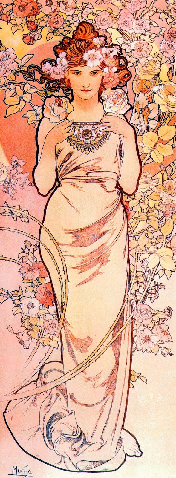 the image is a vintage art nouveau illustration by alphonse mucha. it features a woman with auburn hair, adorned with a floral wreath of pink and white flowers, standing in a flowing, draped dress. she is surrounded by a background of roses and thorny vines. the overall color palette is soft and pastel, with shades of pink, yellow, and cream. she is holding a piece of jewelry, possibly a necklace or pendant, in her hands.