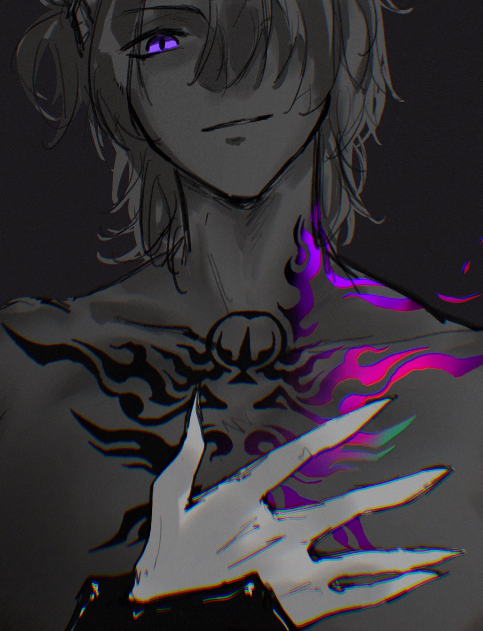 a digital art portrait of an anime male character with a powerful, piercing gaze. he has long white hair, sharp eyes and long, sharp fingers. he has intricate black flame tattoos all over his body. the tattoos are glowing with a purple, green and white light. the background is dark and mysterious. the image is full of intensity and power.