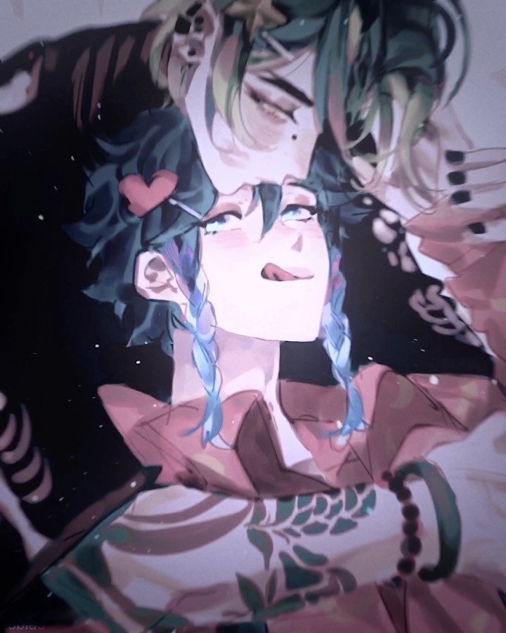 the image is a digital fanart depicting a romantic embrace between two animestyle boys.  the style is soft and somewhat blurry, with pastel coloring dominating the scene. one boy has bright green hair, while the other has blue braids. their faces are close together, conveying intimacy and affection.  they are shown in an embrace, with one boy’s arms around the other. both characters have stylized clothing and tattoos. a small pink heart is visible near the bluehaired boy's hair. the overall mood is tender and romantic, with a focus on their closeness and affection.
