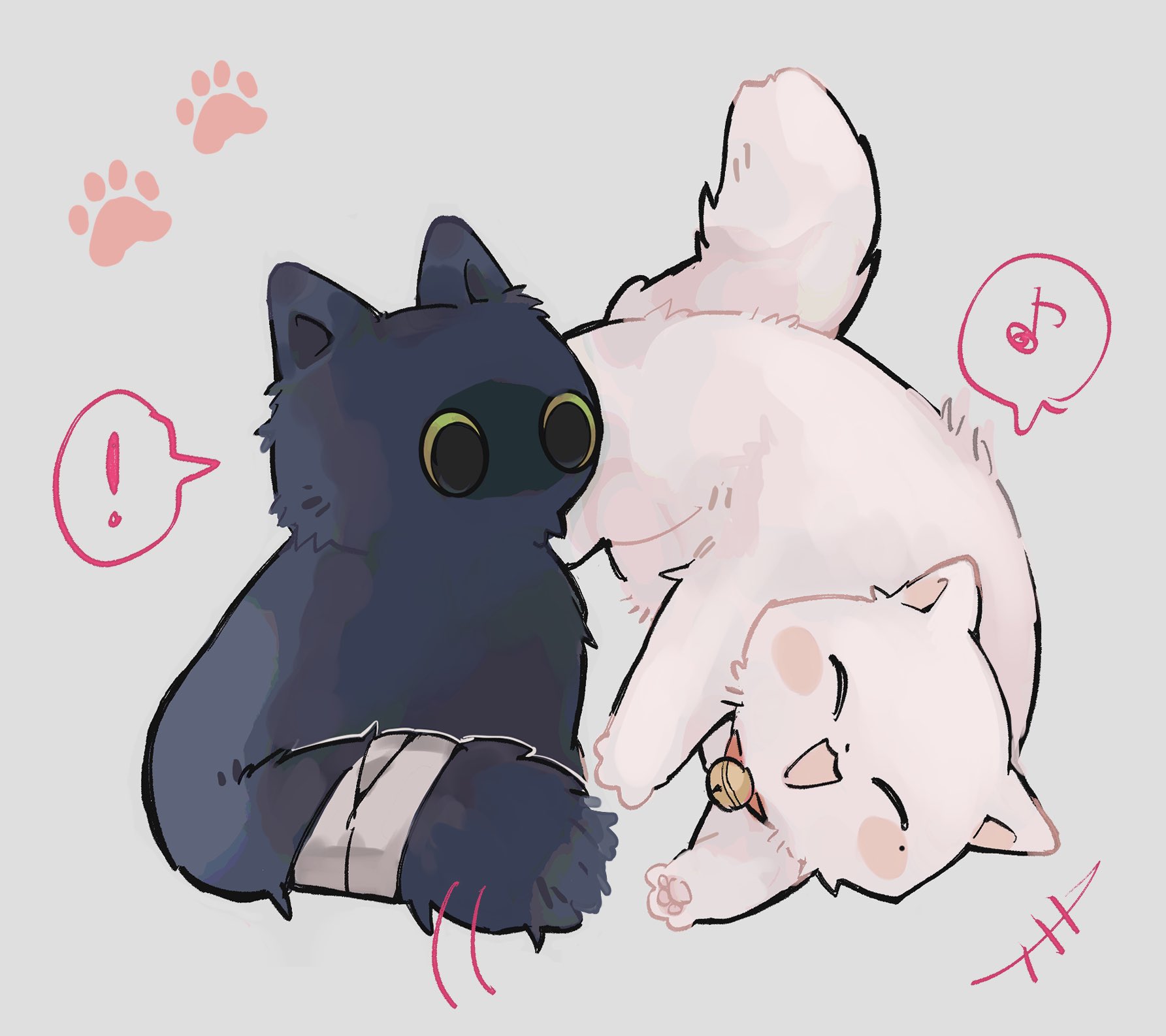 this is a cute cartoon illustration of two cats, one black and one white, playing together. the black cat has a bandage on its tail and is sitting on its haunches while the white cat is upside down and has its paws in the air. both cats are smiling and seem to be enjoying each other's company. there are paw prints and music notes in the background which adds to the playful and joyful nature of the illustration.