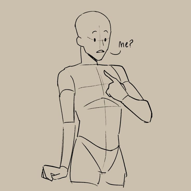 a black and white hand drawn cartoon illustration of a male character pointing to themselves with a shocked expression, and asking "me?"