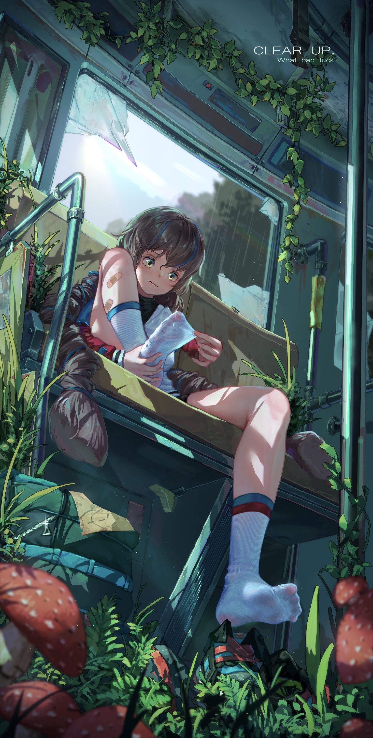 an anime girl sits inside an abandoned bus, surrounded by overgrown plants and mushrooms. she is wearing socks and appears to be tending to a wound on her leg or foot. the bus window is broken and greenery grows on the exterior of the vehicle. there is writing on the bus above her that reads "clear up, what bad luck."