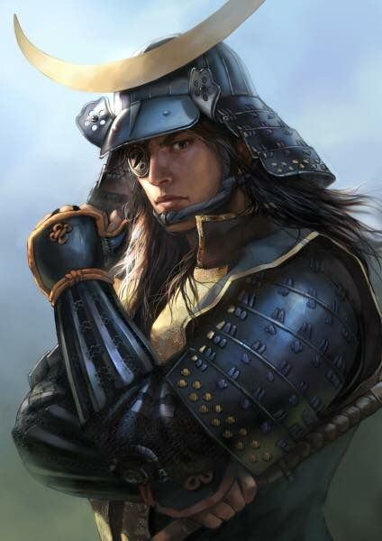 a portrait of a young samurai warrior, clad in detailed black and gold armor. he wears a distinctive helmet with a large crescent moon ornament. he gazes directly at the viewer, his hand resting on the hilt of his sword. the background features a soft, blurred sky, suggesting an outdoor setting. the overall atmosphere is one of quiet strength and determination.