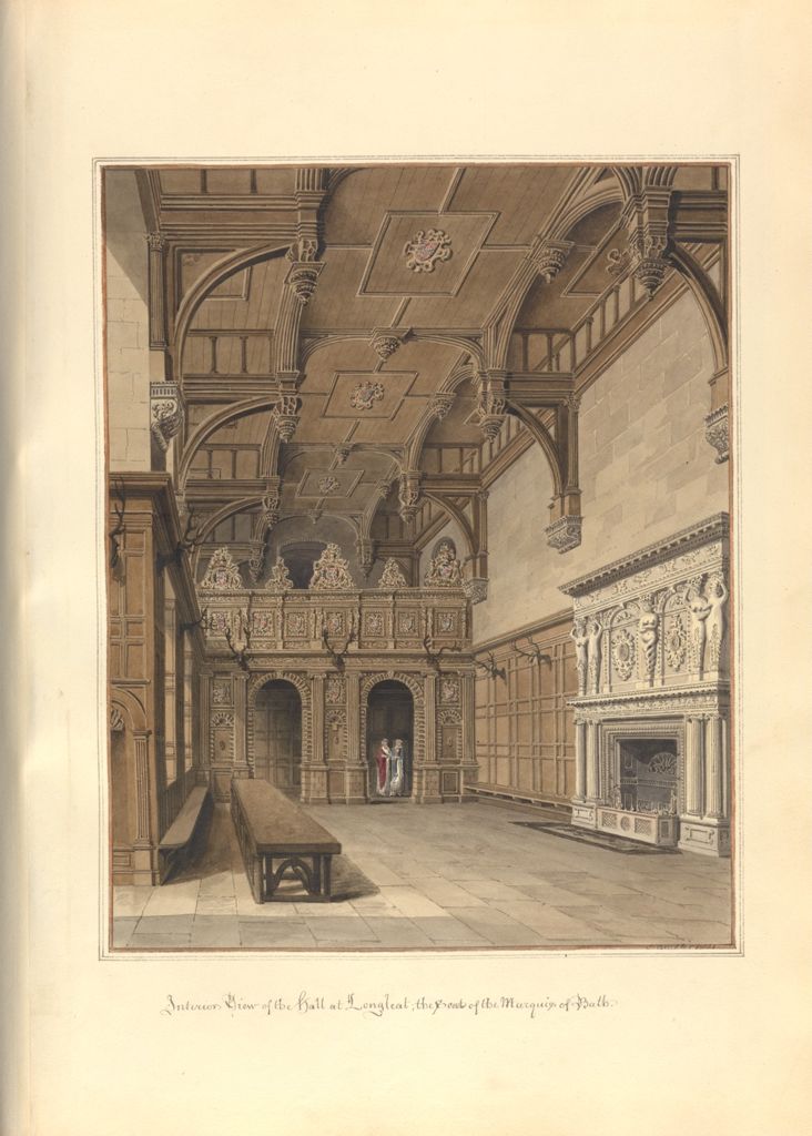 this is an illustration of the interior of a hall. the architectural style is intricate and ornate, featuring an elaborate wooden ceiling with arched beams and decorative carvings. the walls are paneled, and a highly detailed fireplace with sculptural elements is visible on one side. a long wooden bench sits in the foreground, and two people are depicted in a doorway in the background. the illustration is labeled as an interior view of the hall at longleat, the seat of the marquis of bath.