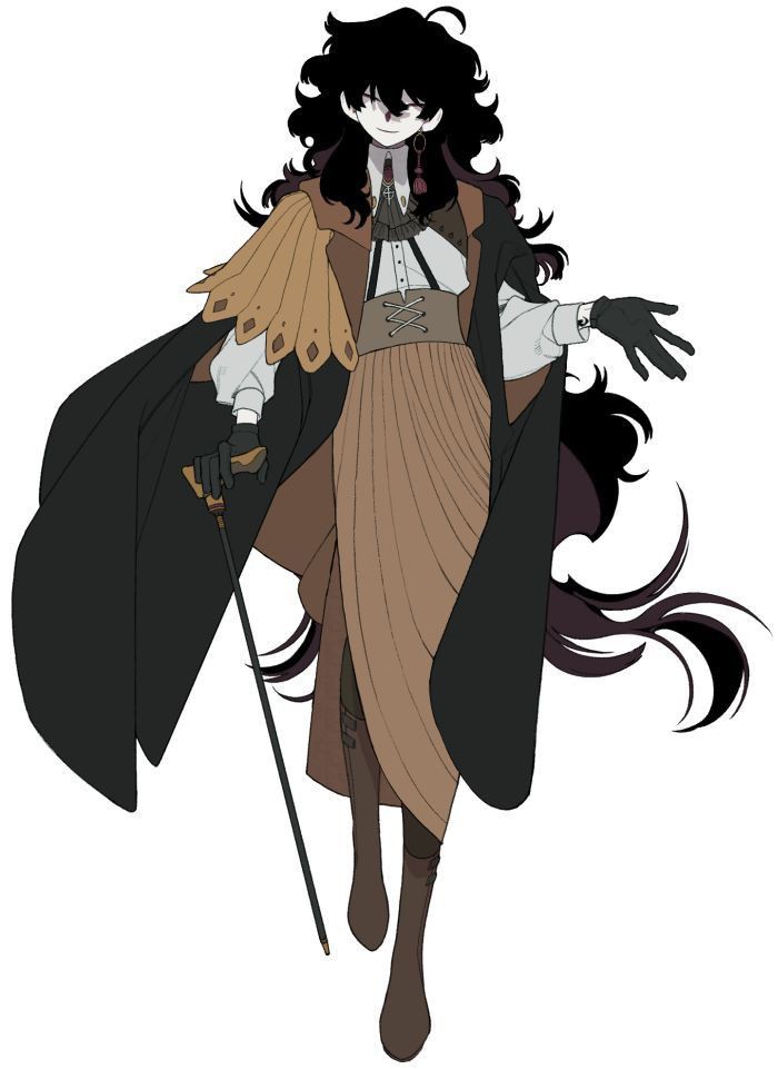an animestyle character stands with a cape draped over one shoulder. the character has long, dark, curly hair that obscures the eyes, and is wearing a waistcoat over a white shirt. the outfit is completed by a long, pleated skirt, gloves, and boots. the character holds a cane in one hand and gestures with the other.