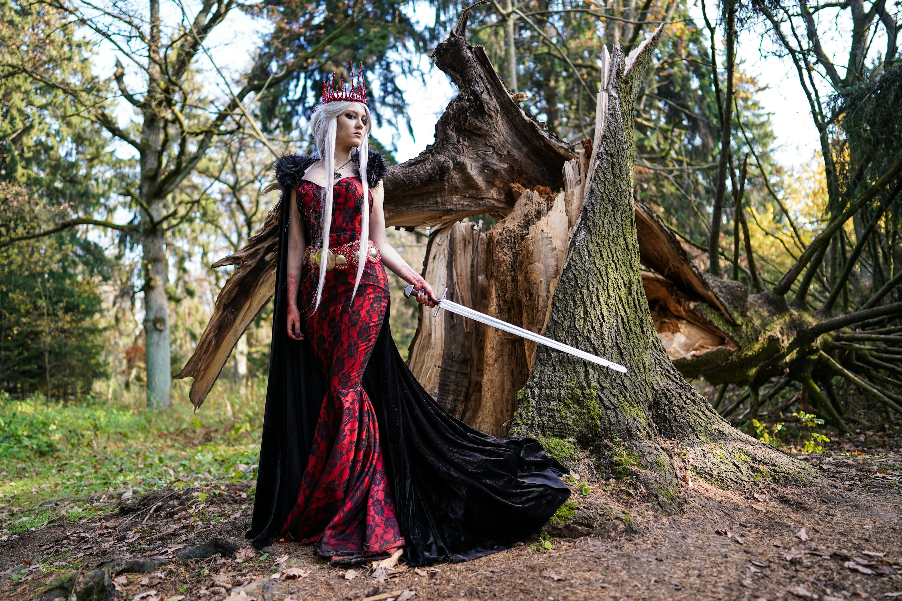 the image depicts a woman dressed in elaborate fantasy attire. she's wearing a long, red, lacelike gown with a black cloak, a jeweled crown, and holds a sword. her appearance suggests a queen or sorceress. the setting is a forest with a large fallen tree in the background, creating a dramatic and mystical atmosphere. the overall style is dark fantasy or gothic, with a strong emphasis on the character's powerful presence. the lighting and color palette contribute to the overall mood.