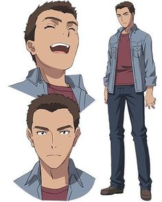 this image shows three different views of a male anime character: a front view, a threequarter view with his head tilted back and laughing, and a threequarter view of his head and shoulders with a neutral expression. the character has short brown hair and brown eyes. he is wearing a blue collared shirt over a red tshirt and blue jeans. the style of the drawing is typical of anime and manga, with large eyes and exaggerated expressions. the background is white.