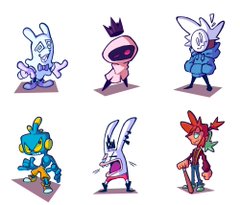 the image features six unique and stylized cartoon characters set against a simple white background. each character is vibrantly colored and drawn with bold lines. the first character in the top left is a white rabbitlike being with long ears.  next to it is a hooded figure with a crown, potentially royalty. the third character appears to be a person with a white hoodie pulled over their head. the bottom row, from left to right, features a reptilian or dragonlike creature, another rabbitlike character, this one seemingly yelling, and lastly a humanlike character holding a baseball bat.  the overall style is whimsical and playful, suggesting a lighthearted and fun context.