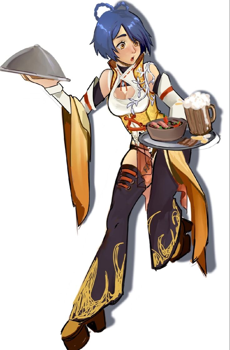 the image is a digital illustration of a stylized animestyle female character dressed as a waitress. she's in motion, carrying a silver serving dome in one hand and a tray with a bowl of soup, a mug of beer, and what appears to be bread or crackers in the other. her clothing is an interesting mix of traditional asianinspired elements (like the long sleeves and collar) with fantasy elements and modern fashion (the boots and somewhat revealing top).  the artwork is vibrant and features dynamic lines and poses, creating a sense of movement and energy. the overall style is a blend of cute and elegant, with a touch of fantasy.