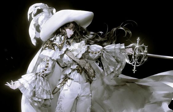 a woman in an elaborate white dress and hat stands in a dynamic pose. she holds a sword in her right hand, and her long dark hair flows behind her.  the background is dark, and the lighting is dramatic, creating a sense of action and power.