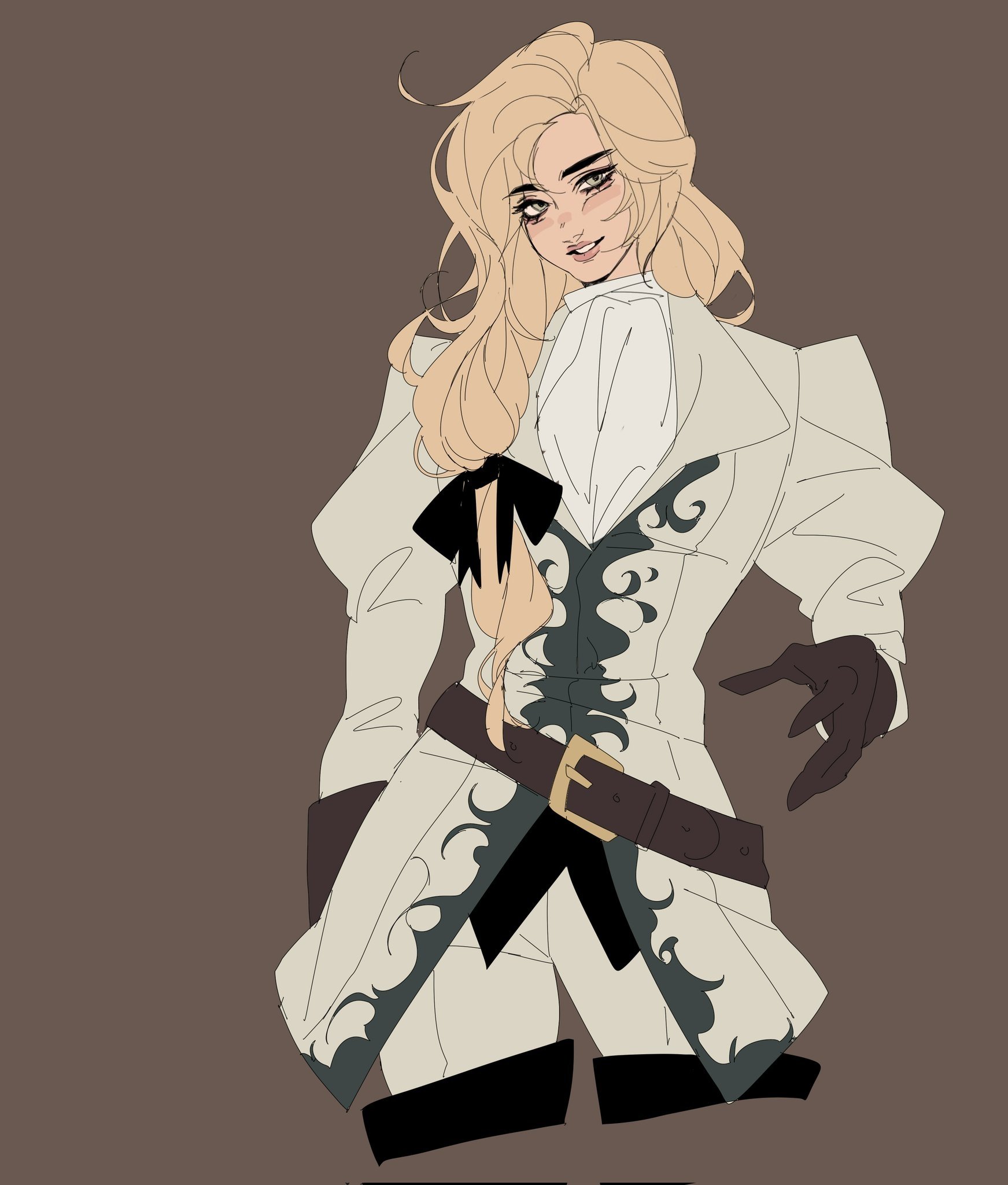 the image shows a blonde anime woman wearing a white coat with a black bow tie,  white shirt, black gloves, and black boots. she is standing on a brown background,  looking at the viewer with a smile.