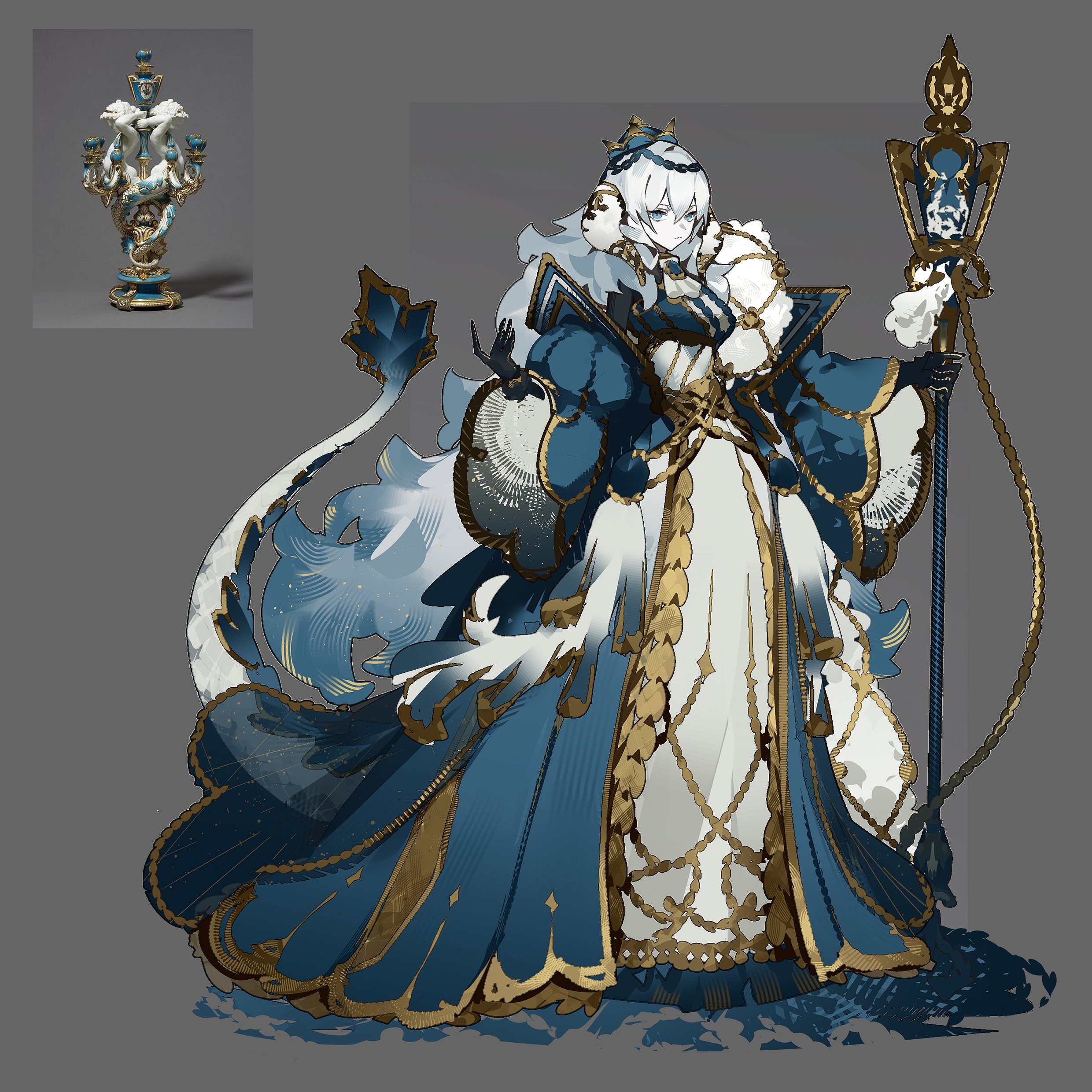 a digital illustration of a queen concept design. a woman with white hair and blue skin is in a royal blue and gold gown, holding a staff with candles.