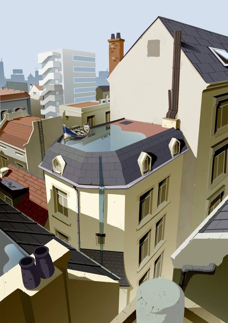 an illustration of a city scene with buildings in a cartoon style, featuring a rooftop pool with a whimsical boat on a building in the centre.