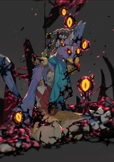 a grotesque alien monster with multiple eyes is depicted in a dark and surreal illustration. its purple skin is covered in black tentacles, and it's dripping with a dark, viscous liquid. the creature's eyes glow red, making it seem evil and dangerous. the background is a swirling mess of black, red, and purple, adding to the sense of chaos and unease.