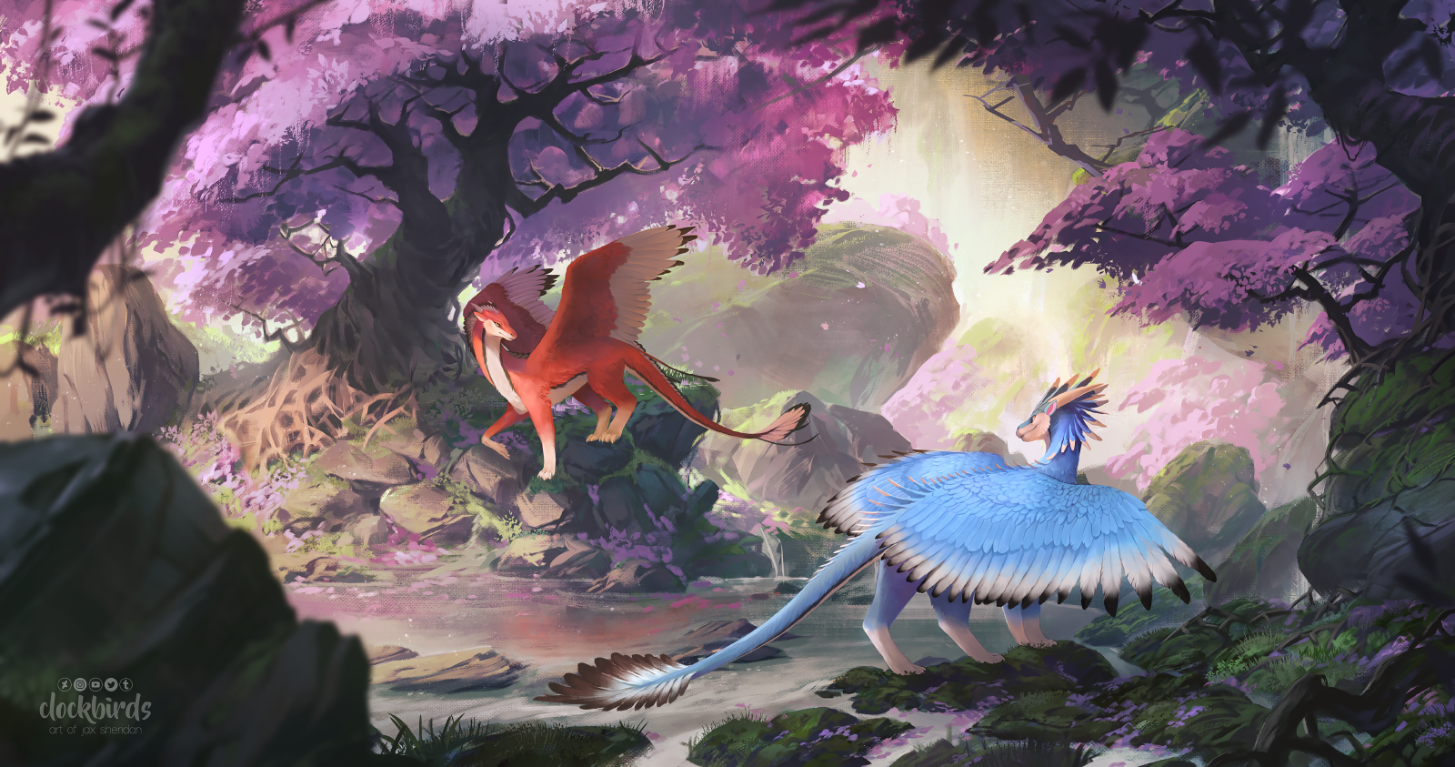 the image depicts two fantastical, birdlike dragon creatures in a vibrant forest setting. one dragon, primarily red and orange, is perched on a rock, wings outstretched as if about to take flight.  the other dragon, primarily blue and white, stands on the forest floor, its body language suggesting it is watching the first dragon. the forest is lush with foliage and dotted with blooming trees, possibly cherry blossoms, creating a magical and serene atmosphere. a waterfall cascades down rocks in the background, adding to the sense of tranquility.