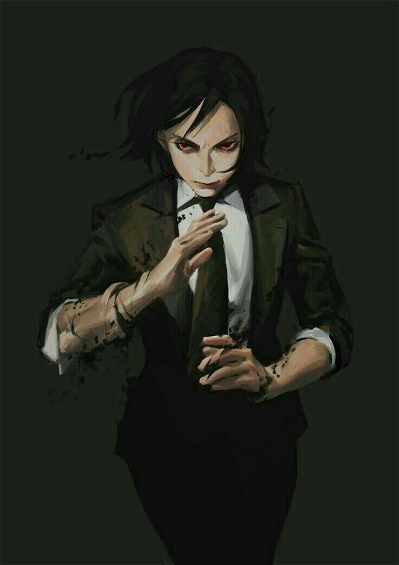 the image showcases a woman with short black hair and piercing red eyes. she is dressed in a sharp black business suit with a white shirt and black tie. her hands are partially enveloped in a swirling black substance that resembles smoke or shadow, hinting at magical abilities. the background is a deep, almost oppressive green, further emphasizing the dramatic lighting focused on the woman.