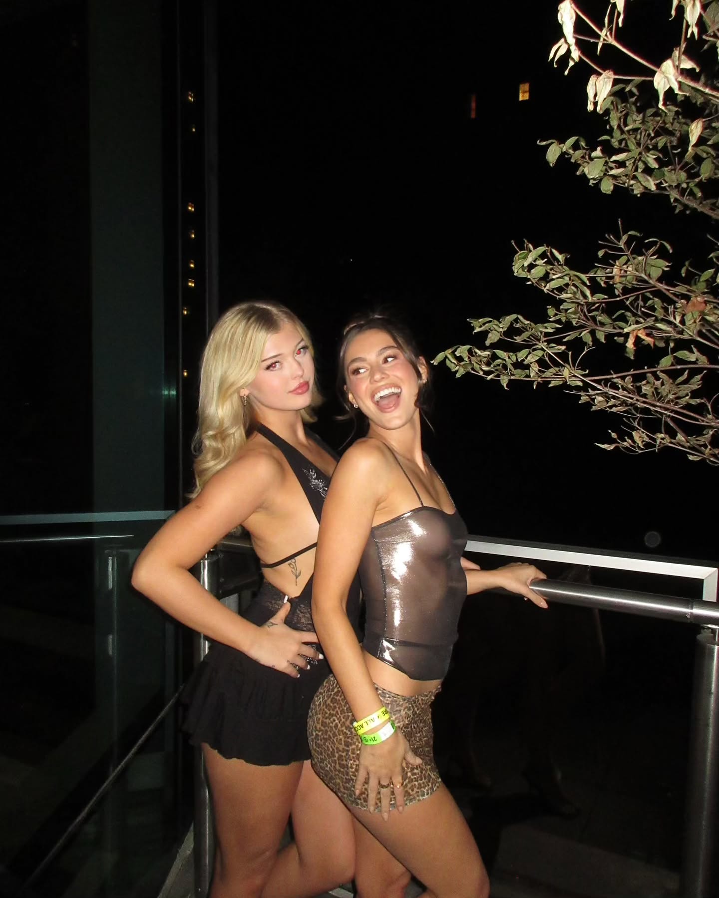 two women are posing on a balcony at night. the woman on the left has blond hair and is wearing a black dress with a tattoo on her side. the woman on the right is wearing a silver tank top and a cheetah print skirt. they are both smiling and looking at the camera. there is a railing behind them and a tree on the right. the sky is dark.