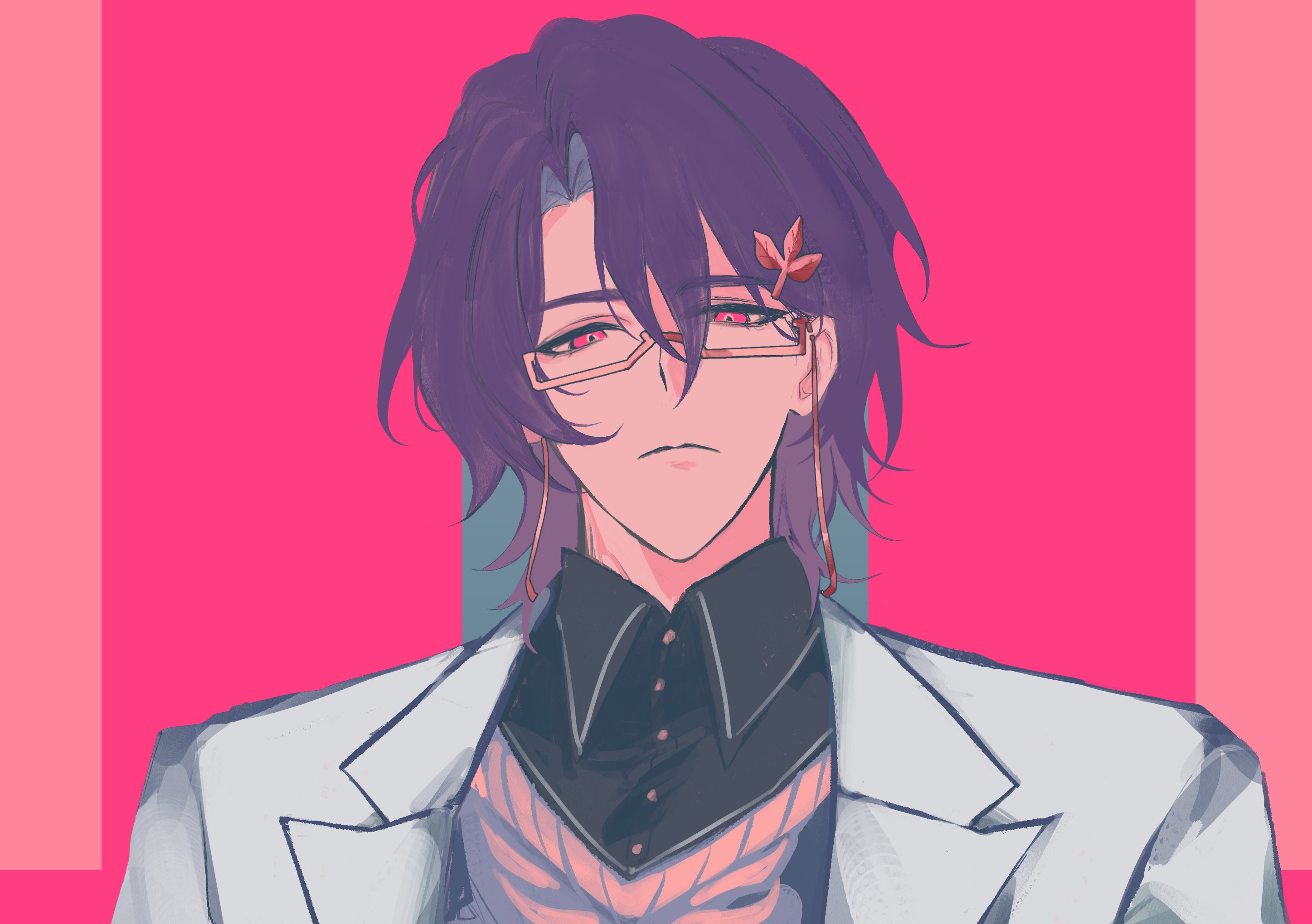 this is a digital illustration of a male anime character. the character has long, purple hair and red eyes. he is wearing glasses, a white jacket, a black shirt, and a tie with a flower pin on it. he is looking at the viewer with a serious expression. the background is pink.