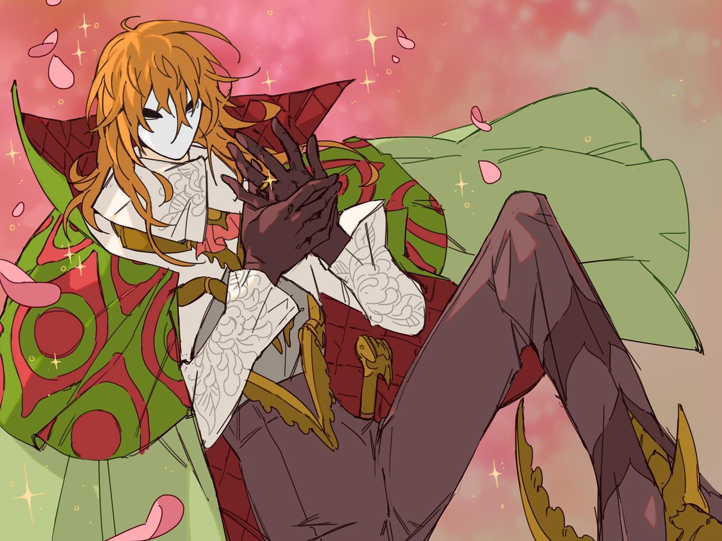 the image is a stylized digital drawing or fanart depicting an animestyle character.  the character has long orange hair, and is wearing a mask that obscures their face. they are dressed in elaborate clothing, including a long, flowing cape with green and red patterns, a white shirt with decorative sleeves, purple trousers, and gold accents.  they are holding their hands together, possibly wearing gloves. the character is depicted in a relaxed sitting pose against a soft pink background strewn with falling flower petals and sparkling lights. the overall style evokes a romantic or magical atmosphere.