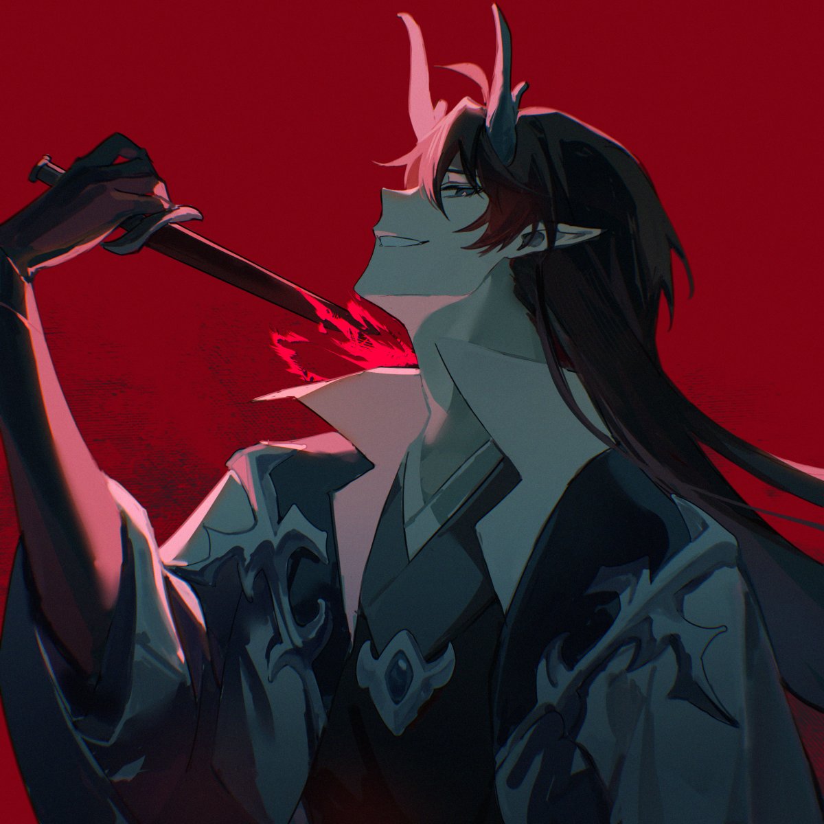 an anime character, a male with red horns, smiles as he holds a bloody knife to his throat. he has long black hair and wears a dark, stylized outfit. the background is red, suggesting danger.