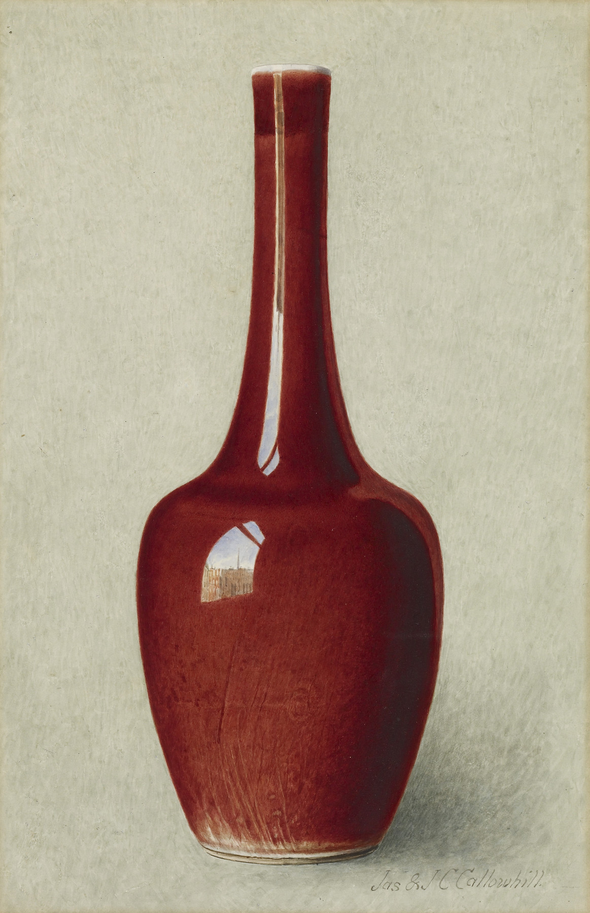 the image is a watercolor painting of a red ceramic vase. the vase has an elongated neck and a bulbous body. the red glaze on the vase is highly reflective, showing a clear highlight along the neck and an abstracted landscape reflection on the body. the artist's signature, "jas s.j. callowhill" is visible in the lower right corner. the background is a neutral tone.