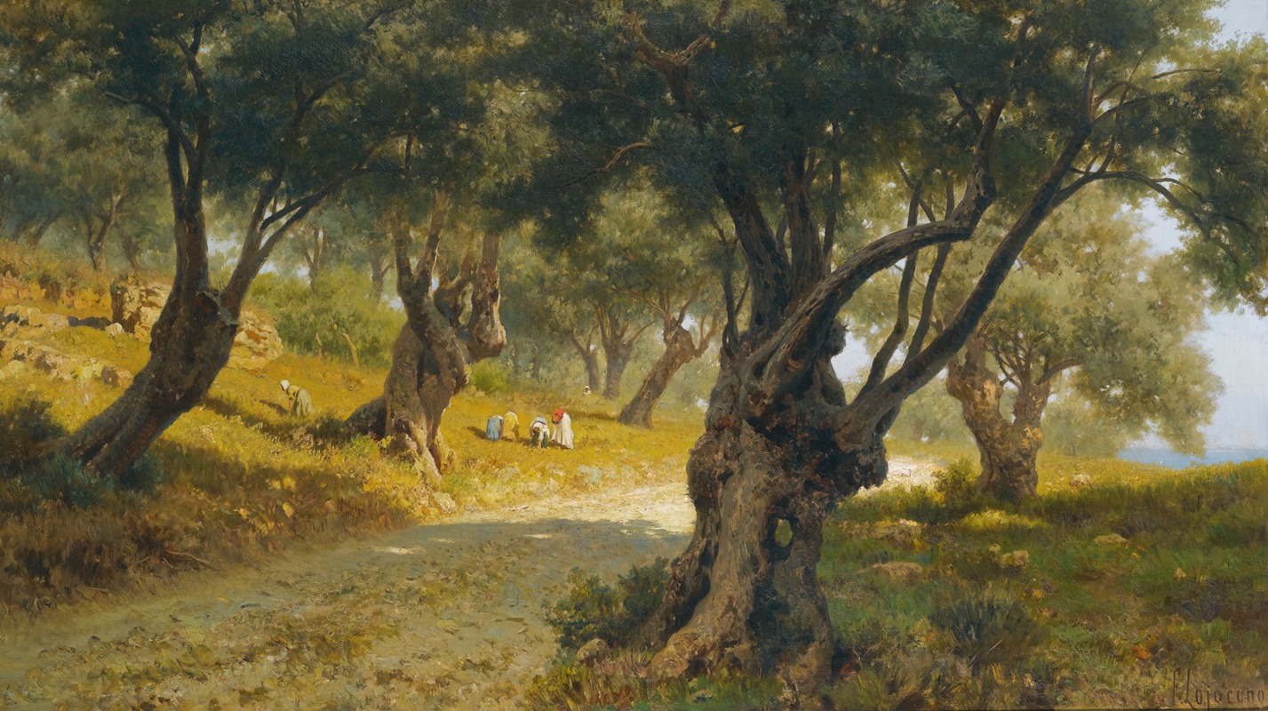 the image is a landscape painting depicting an olive grove on a hillside. the scene is bathed in sunlight, casting shadows on the ground and the road that winds through the grove. several olive trees with gnarled trunks and dense foliage dominate the composition. there are several people working in the field, and the scene is situated near the coast. the artwork has a signature at the bottomright corner.