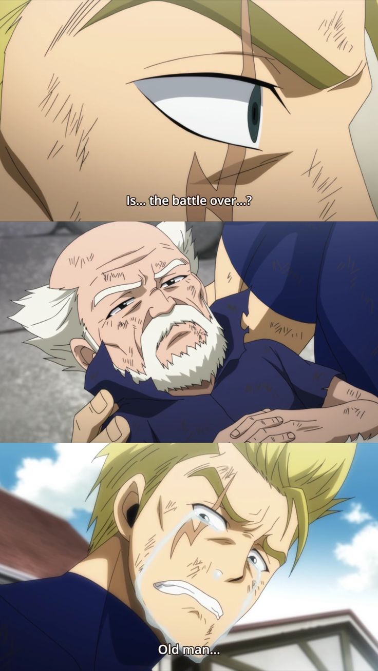 the image is from an anime series, it shows a young man crying and holding an older man who is unconscious or possibly dead, based on the context of the scene, it looks like the young man is feeling sad and remorseful about the older man's state.  the background shows the remnants of a battle or war, suggesting that the older man died during a fight. the image captures the moment of loss and the pain of losing someone close, highlighting the emotional impact of war and battle on individuals.