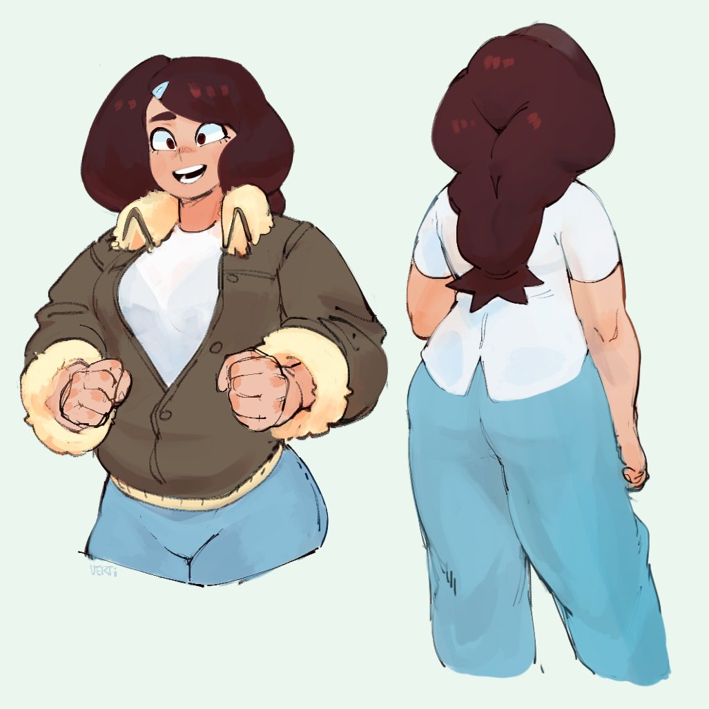 this is a cartoon illustration of a girl in casual clothes. the girl on the left is wearing a brown jacket, white shirt, and blue jeans. the girl on the right is wearing a white shirt and blue jeans. the image shows the front view and back view of the girl.