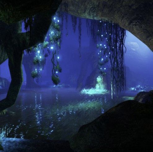 a captivating subterranean scene unfolds within a cave, where bioluminescent plants cast an ethereal blue glow upon the tranquil waters below. the cave's dark and mysterious ambiance is heightened by the lowkey lighting, creating an atmosphere of enchantment and serenity.  the perspective draws the viewer's gaze through the cave opening towards the glowing oasis within.