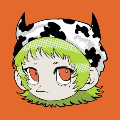 the image features a stylized, cartoonish character, likely inspired by anime or manga aesthetics. they sport vibrant green hair and a distinctive cowprint hat with small horns. the character's expression is neutral, with large eyes and a slight frown. the background is a solid, bright orange, making the character prominently pop out. the overall style is simplistic and cute, with bold outlines and flat coloring.