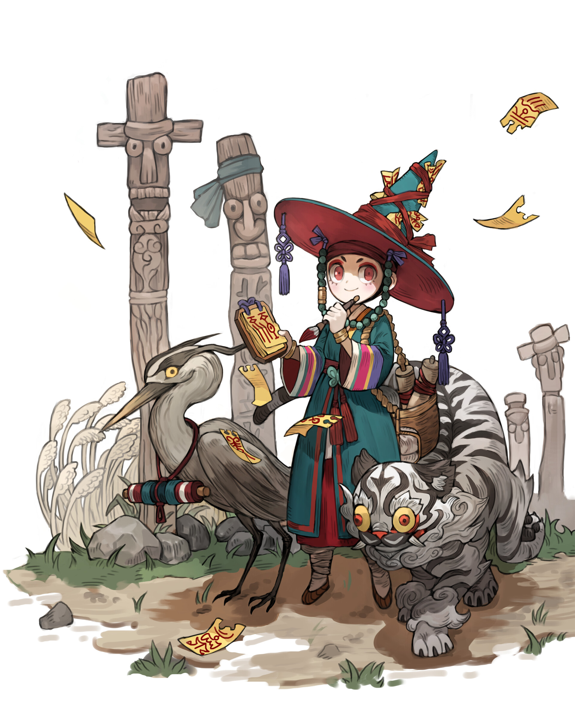 the image features a young child dressed in a vibrant, traditional korean shaman outfit complete with a widebrimmed hat. they are holding a scroll and accompanied by two animal companions  a majestic tiger and a watchful heron. the trio stands on a dirt path amidst tall grass and weathered wooden totem poles, suggesting a journey through a mystical forest. the soft, natural lighting enhances the serene and magical atmosphere.