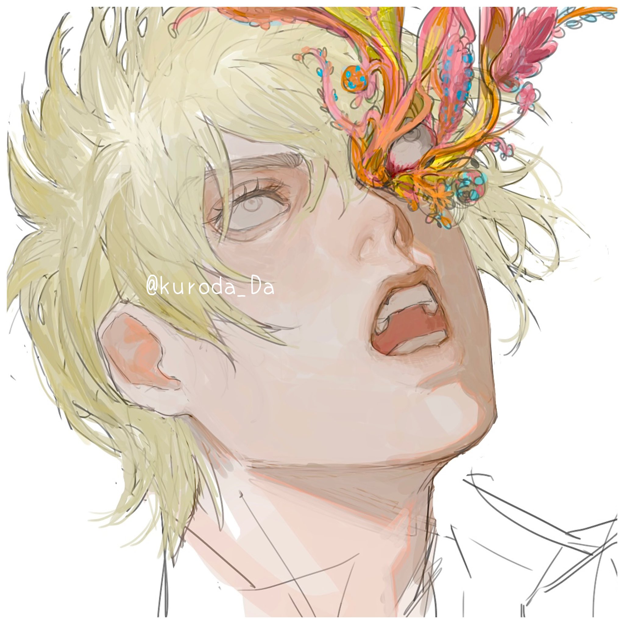 this is an illustration of an anime character that is surprised or scared, with their mouth open wide. they have blonde hair that is partially obscuring their face. there is a colorful, abstract creature that appears to be emerging from their eye. the creature looks like a mythical, floral monster. the background of the image is white, with a few faint outlines of other features that have been erased, hinting at the progression of the art piece. this image was created by the artist @kuroda_da.