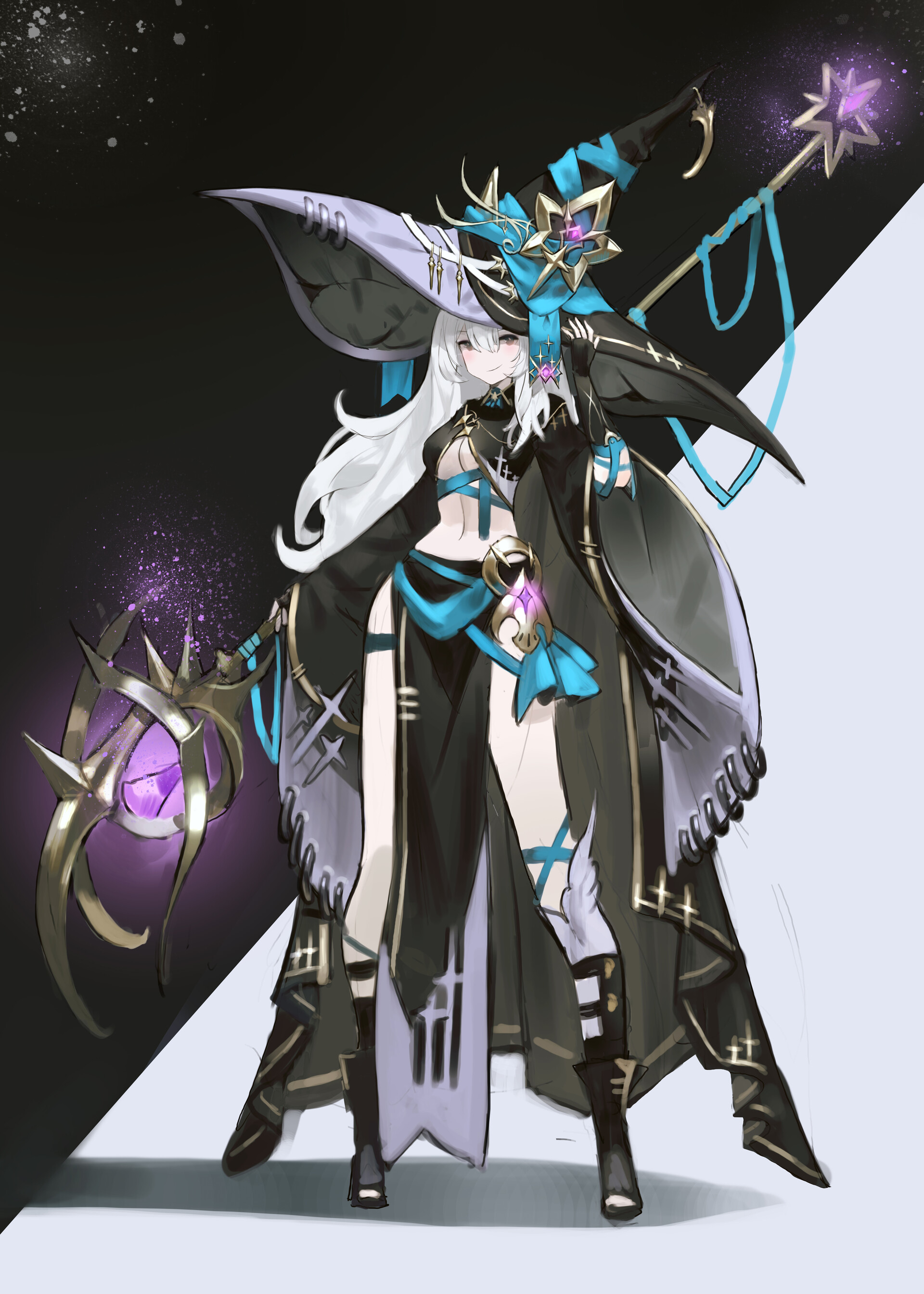 an animestyle illustration depicts a witch with white hair, wearing a large hat and a black and blue costume, holding a staff, and standing in a confident pose. the artwork features a fantasy theme with magical elements.