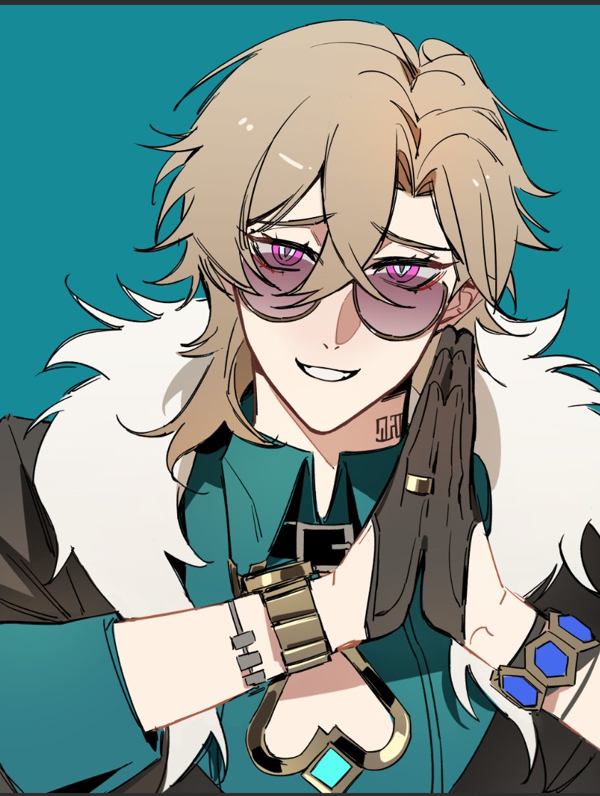 a male anime character with blonde hair, teal jacket, and black gloves is smiling while looking at the camera. he is wearing a gold watch and bracelet, and has a white fur collar.