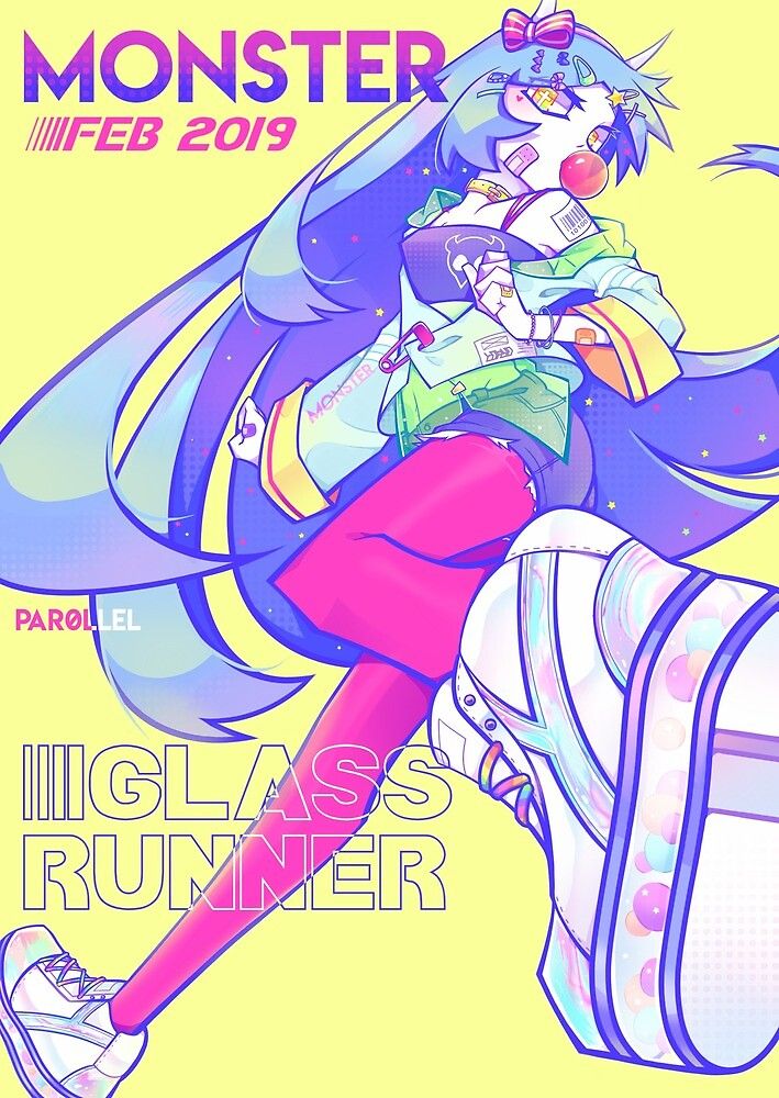 the image is a digital illustration of an anime girl with long purple hair. she is wearing a colorful outfit and large white sneakers. she is running and looks like she is about to jump. the background is a bright yellow color. the text "monster feb 2019" is at the top of the image and "glass runner" is at the bottom.  the girl is drawn in a very vibrant and stylized way, with bright colors and exaggerated features. the overall effect is a very fun and energetic piece of art.