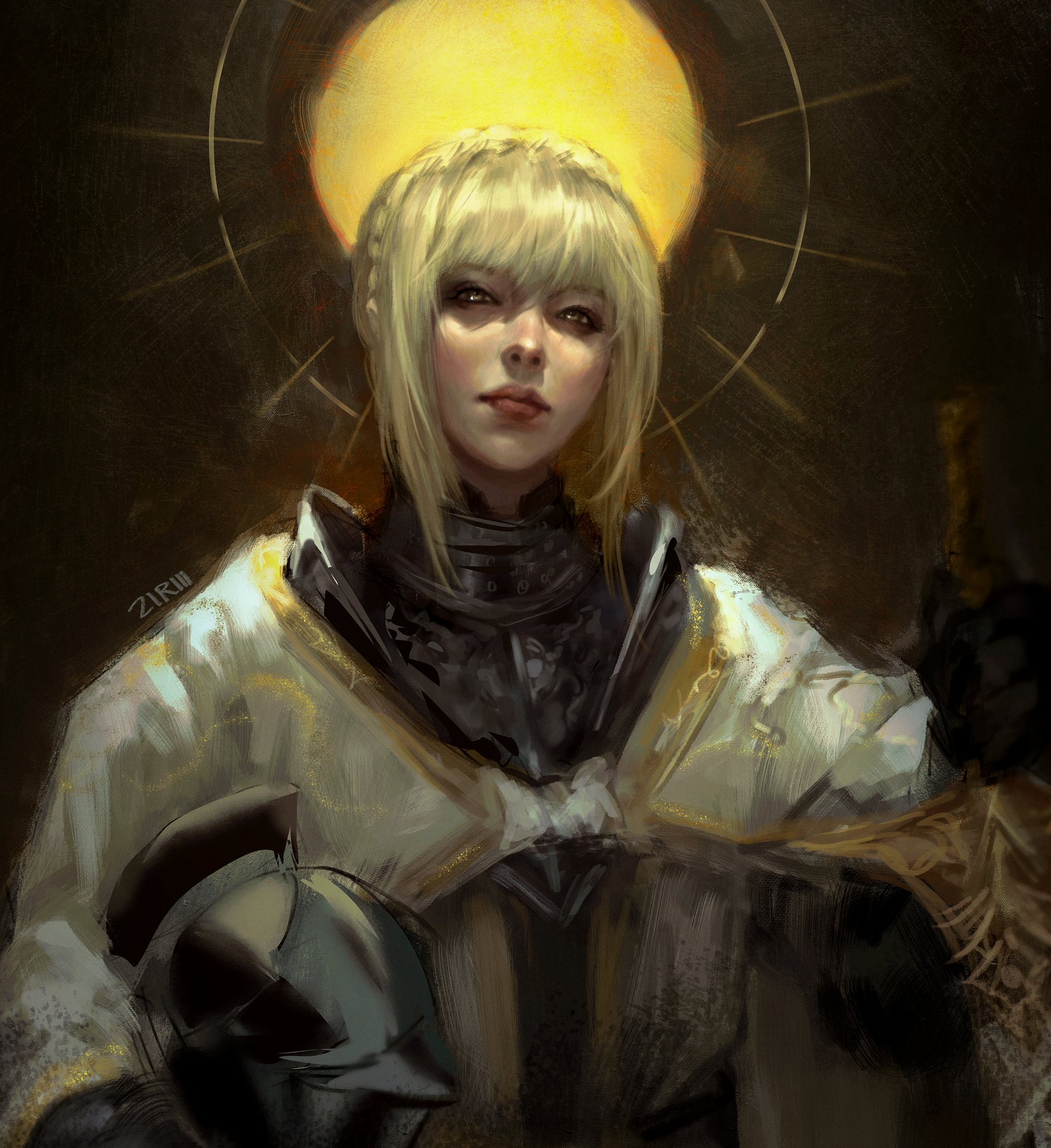this is a digital painting of a woman with blonde braided hair, wearing armor. there is a glowing halo behind her head. she is holding a helmet in her left arm. the painting style is somewhat loose and painterly, with a dark background. the style is reminiscent of fantasy art.