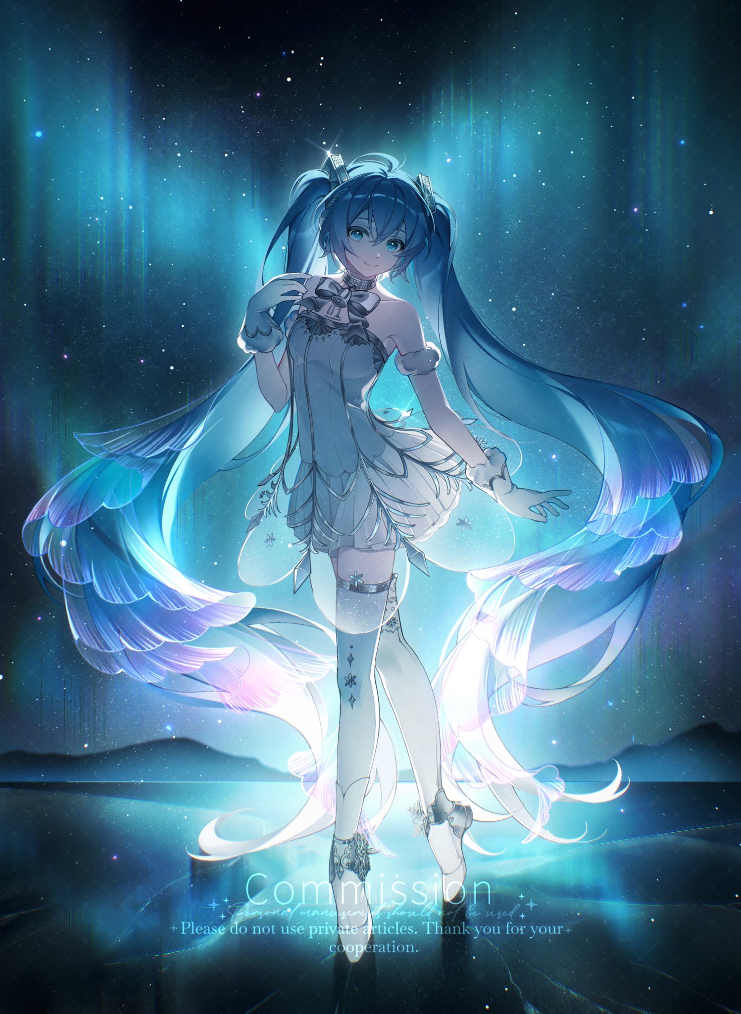 the image is a digital painting of hatsune miku, a popular japanese virtual singer, depicted as an anime girl. she is dressed in a flowing, elegant white dress and has long, flowing twintails that appear to be imbued with a magical, ethereal glow. the background is a dark, starlit night sky featuring a vibrant aurora borealis. the overall style is fantasythemed, with a focus on light and ethereal elements to create a beautiful and captivating scene. the artist's watermark "commission" along with a request to not use the artwork for private articles is visible at the bottom. the art style is sophisticated, detailed, and the character is presented in a serene, almost dreamlike pose.