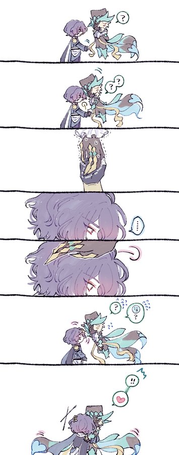 he image is a multipanel comicstyle illustration featuring two chibistyle anime characters with purple and blue hair.  the comic depicts a sweet interaction between the characters, starting with them holding hands and culminating in a hug.  the art style is soft and gentle, using pastel colors and simple line work.  question marks and heart symbols are used to convey the characters' emotions and the progression of their relationship. the characters appear to be engaging in a magical or fantastical setting.